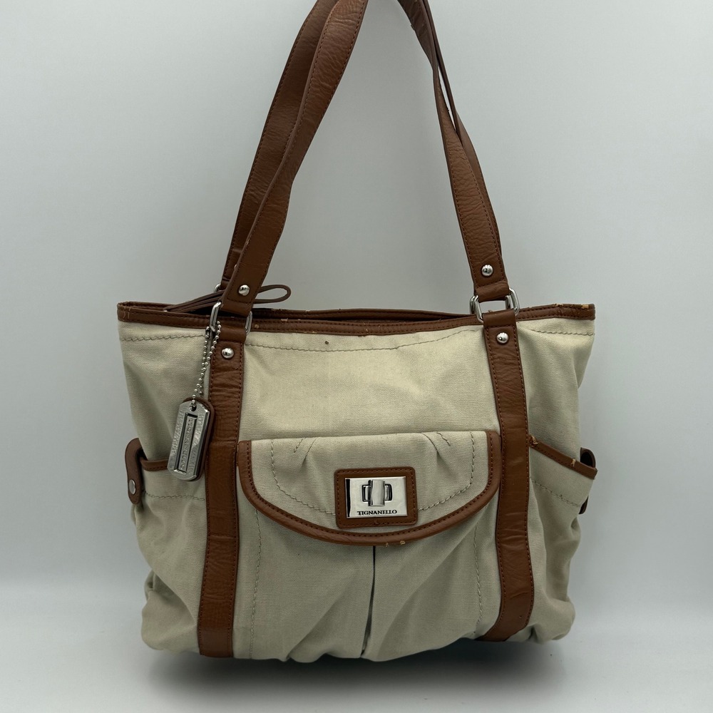 Tignanello Canvas Tote Bag Beige Brown Trim Shoulder Bag Turn Lock Pocket